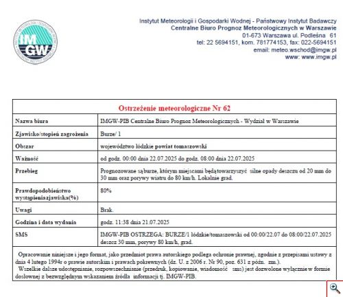 ostrzeżenie przed burzami